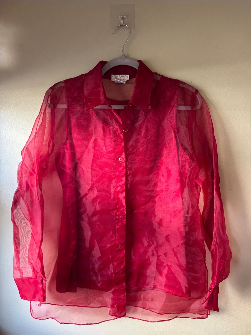 Vintage Sheer Button-Down Blouse in Bright Red